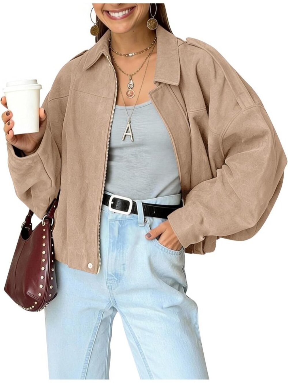 Women’s Khaki Faux Suede Oversized Bomber Jacket Cropped Lapel Street Wear